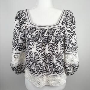 Panama Jack Tropical Peasant Top Size XS Linen Lace Boho Vacation Feminine